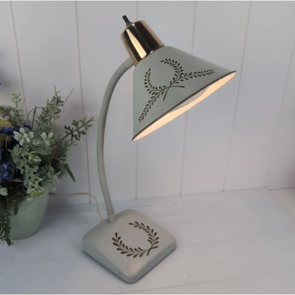 Vintage 1950s Gooseneck Desk or Wall Lamp Diffuser White & Gold Retro Midcentury